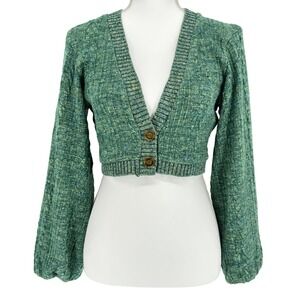 Zara Green Marl Knit Sweater Cottage Coquette Crop Button Cardigan Puff Sleeves